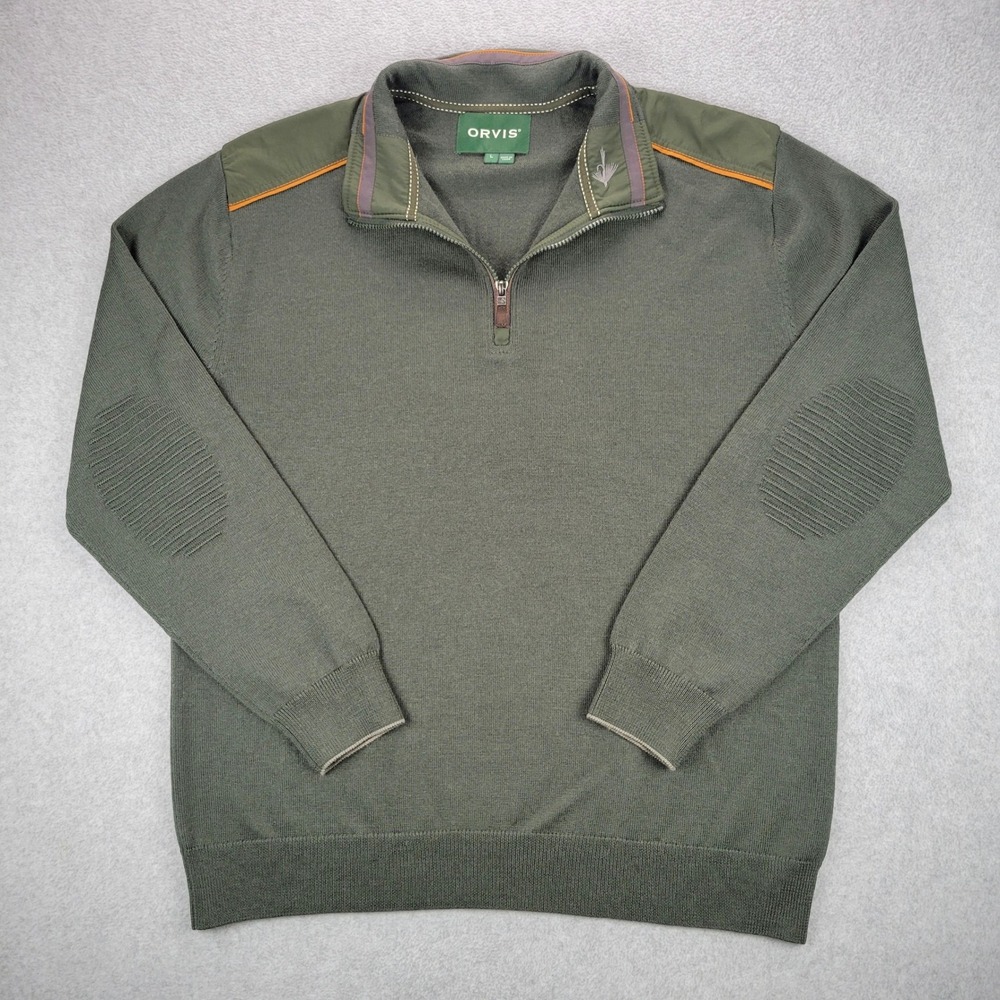 Orvis Quarter Zip Pullover Mens Large Olive Green Merino Wool Elbow Knit Patch‎